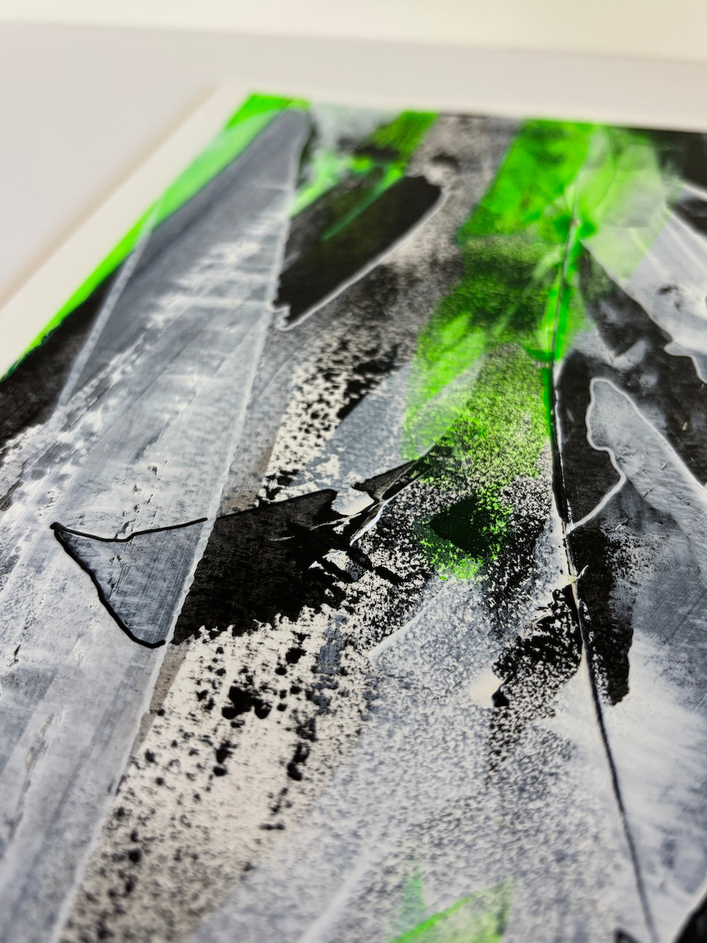 green abstract original painting top corner detail