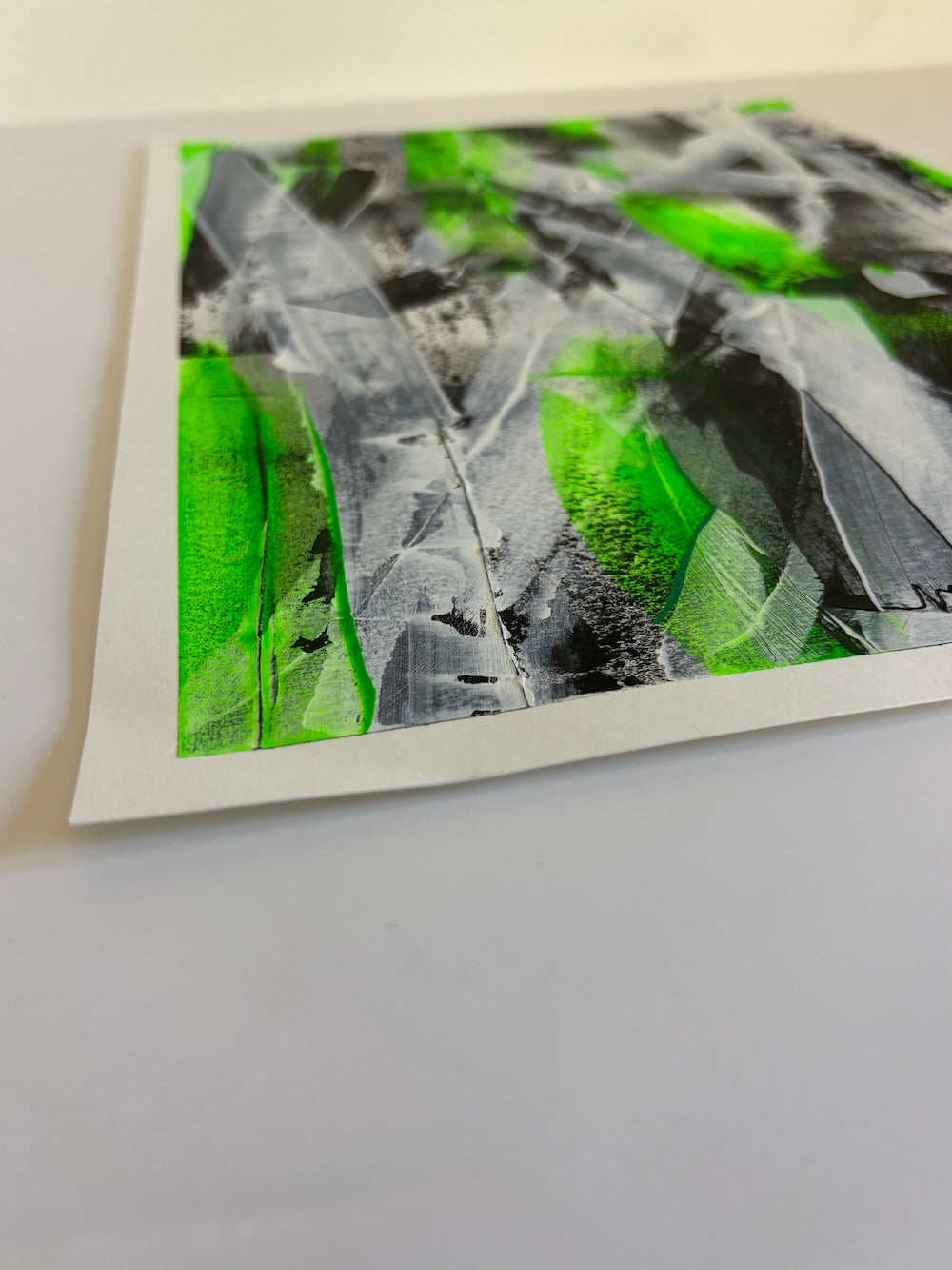 green abstract original painting bottom corner detail