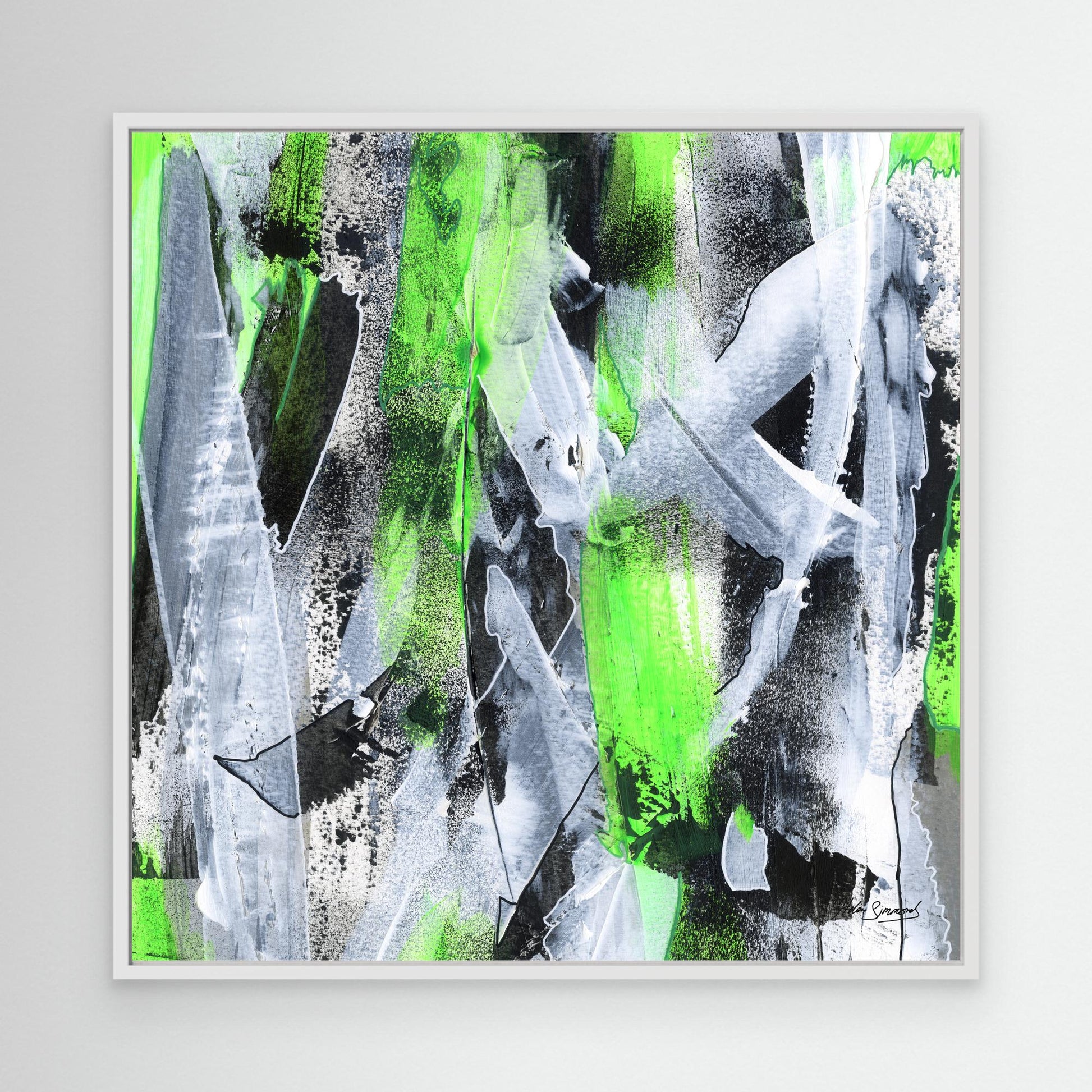 Square white framed green abstract canvas wall art print mockup
