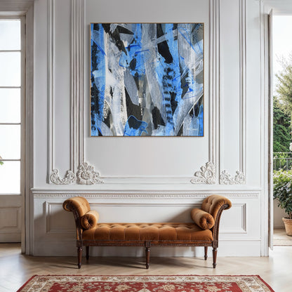 Square natural framed blue abstract canvas wall art print in a large hallway