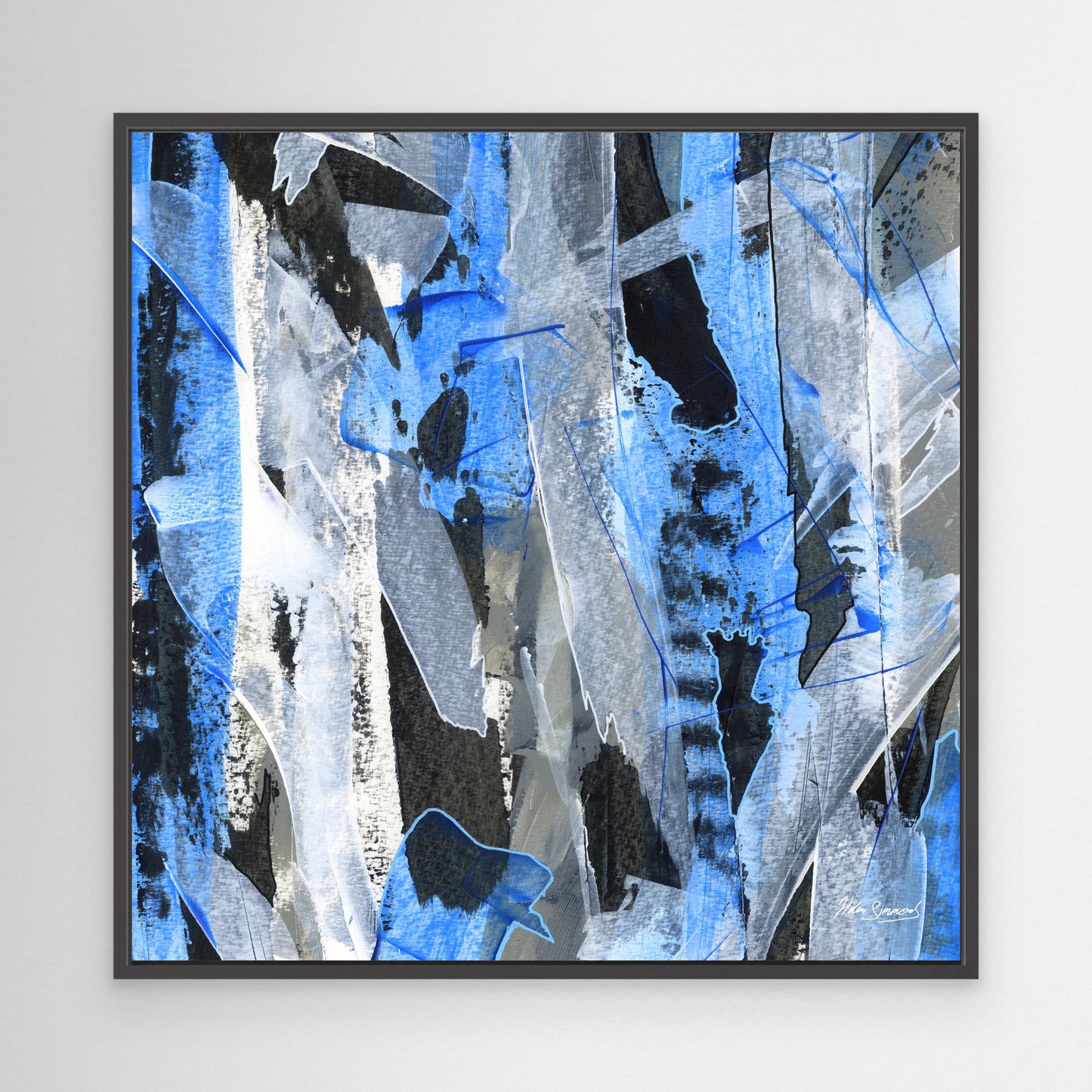 Square black framed blue abstract canvas wall art print mockup mockup