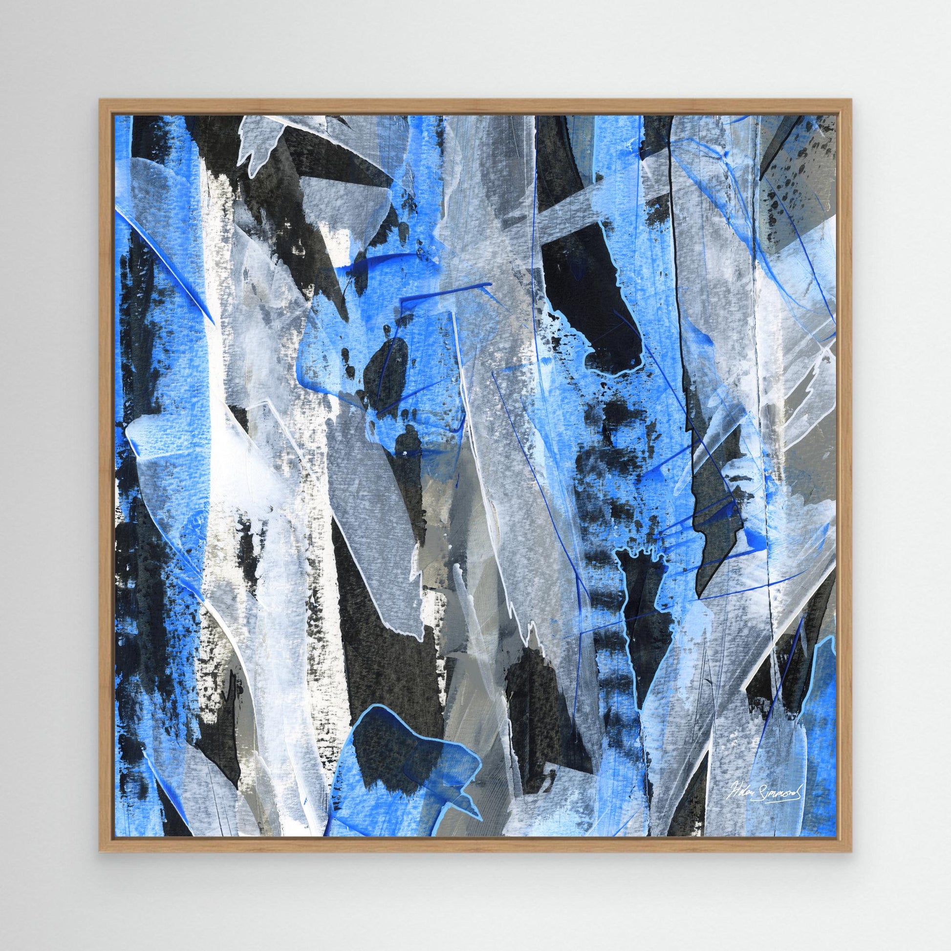 Square natural framed blue abstract canvas wall art print mockup