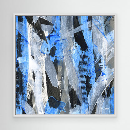 Square white framed blue abstract canvas wall art print mockup