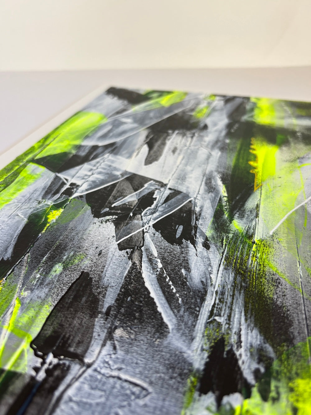 yellow abstract original painting top corner detail