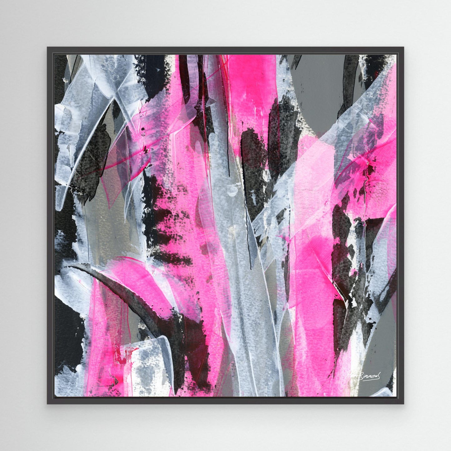 Square black framed pink abstract canvas wall art print mockup