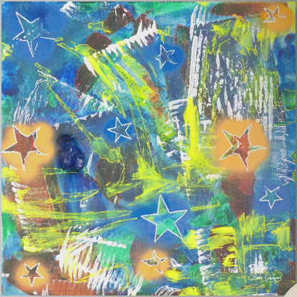 a video showing the details of a colourful abstract canvas painting