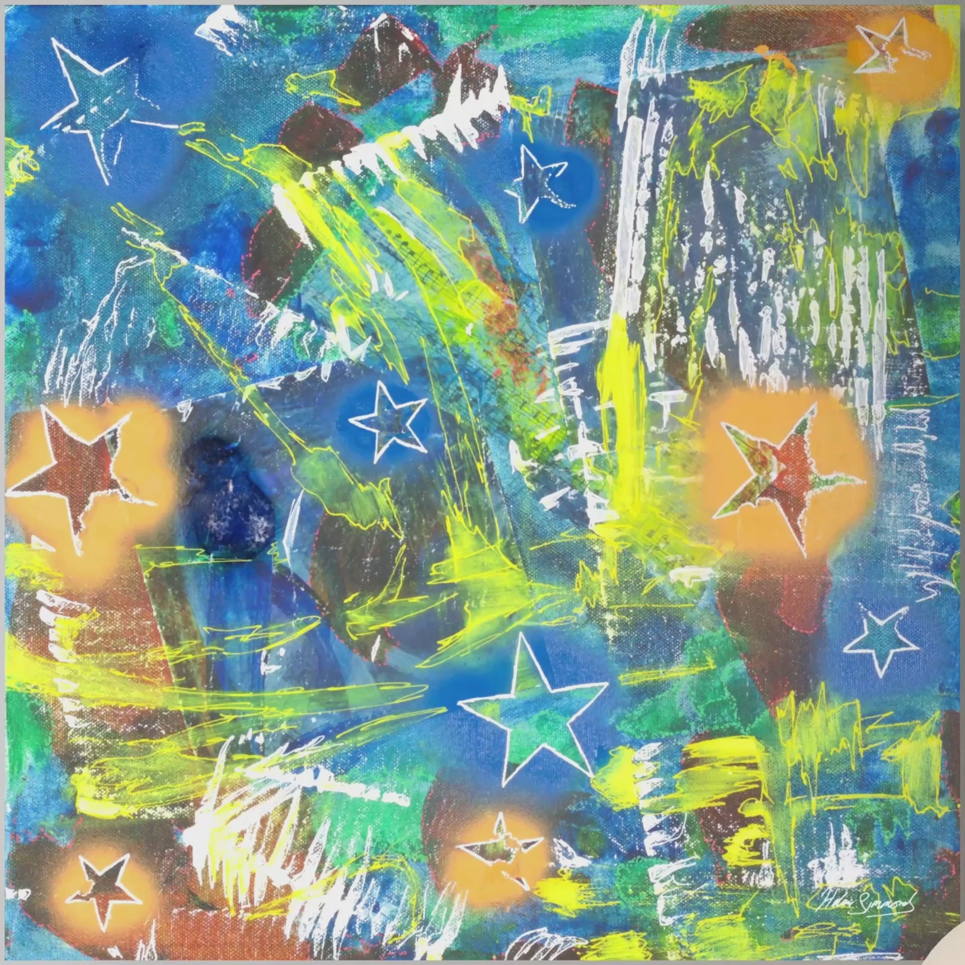 a video showing the details of a colourful abstract canvas painting