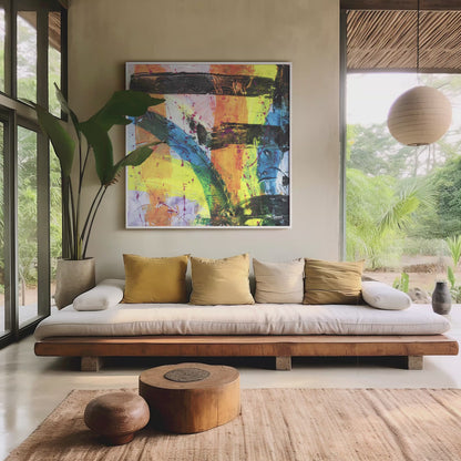 multi-coloured abstract white framed canvas art print styled in a country style living room, video.