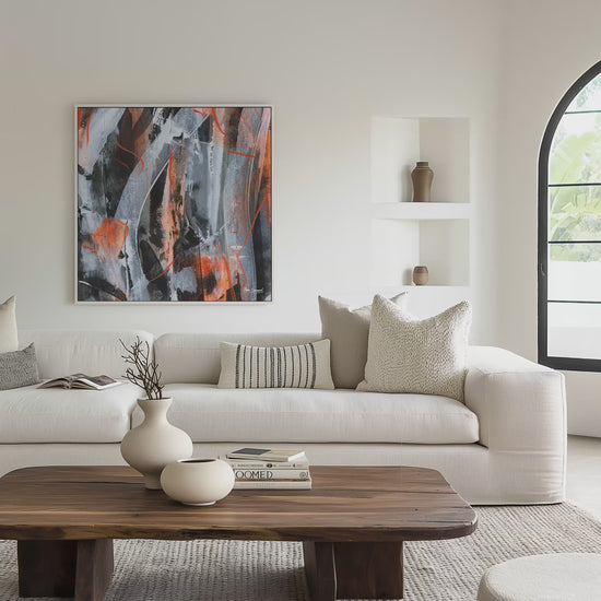 Wihite framed orange abstract canvas wall art print in a living room video mockup