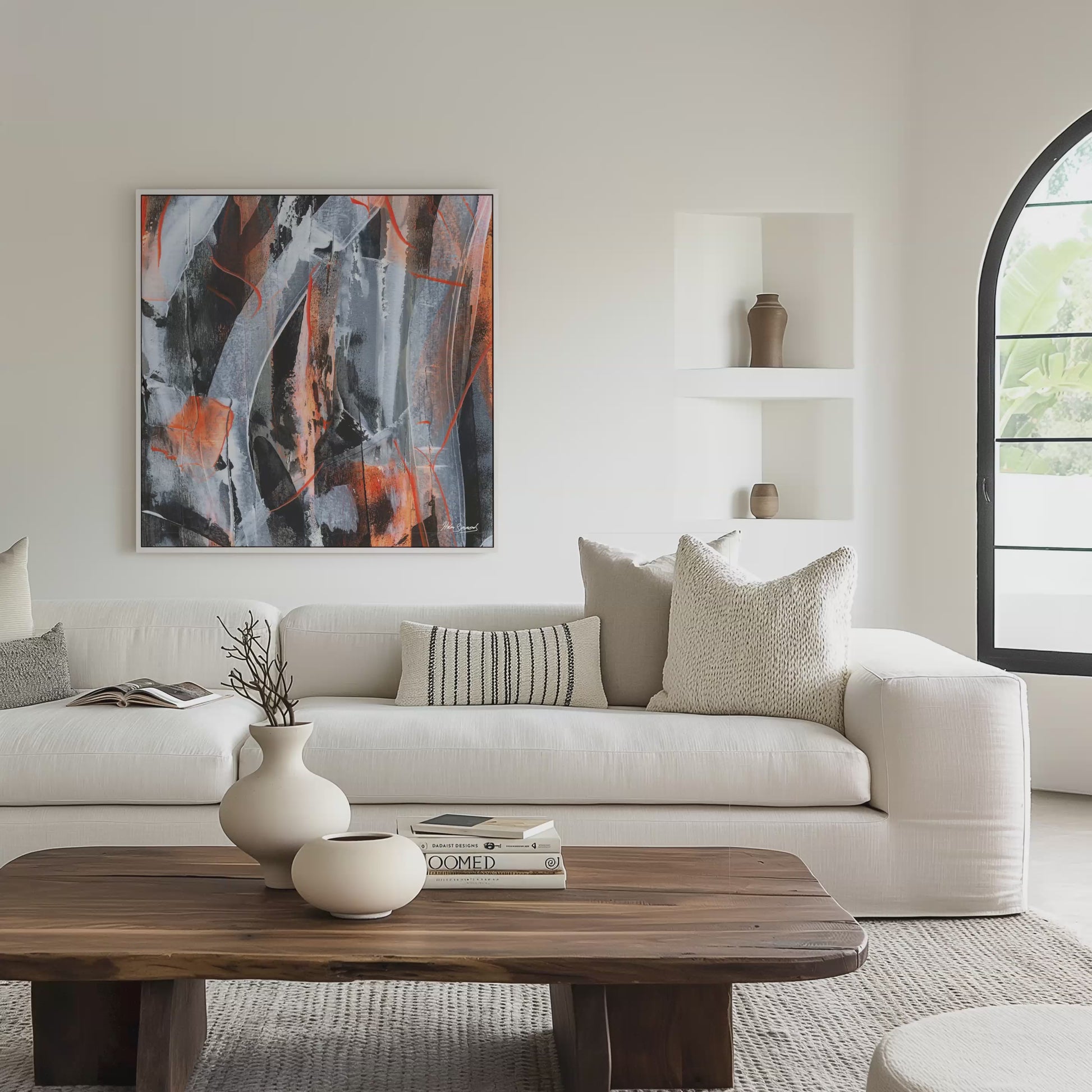 Wihite framed orange abstract canvas wall art print in a living room video mockup