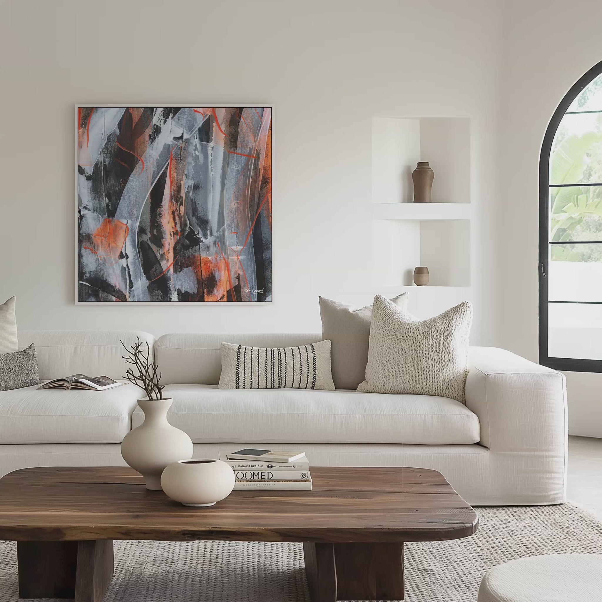 Wihite framed orange abstract canvas wall art print in a living room video mockup