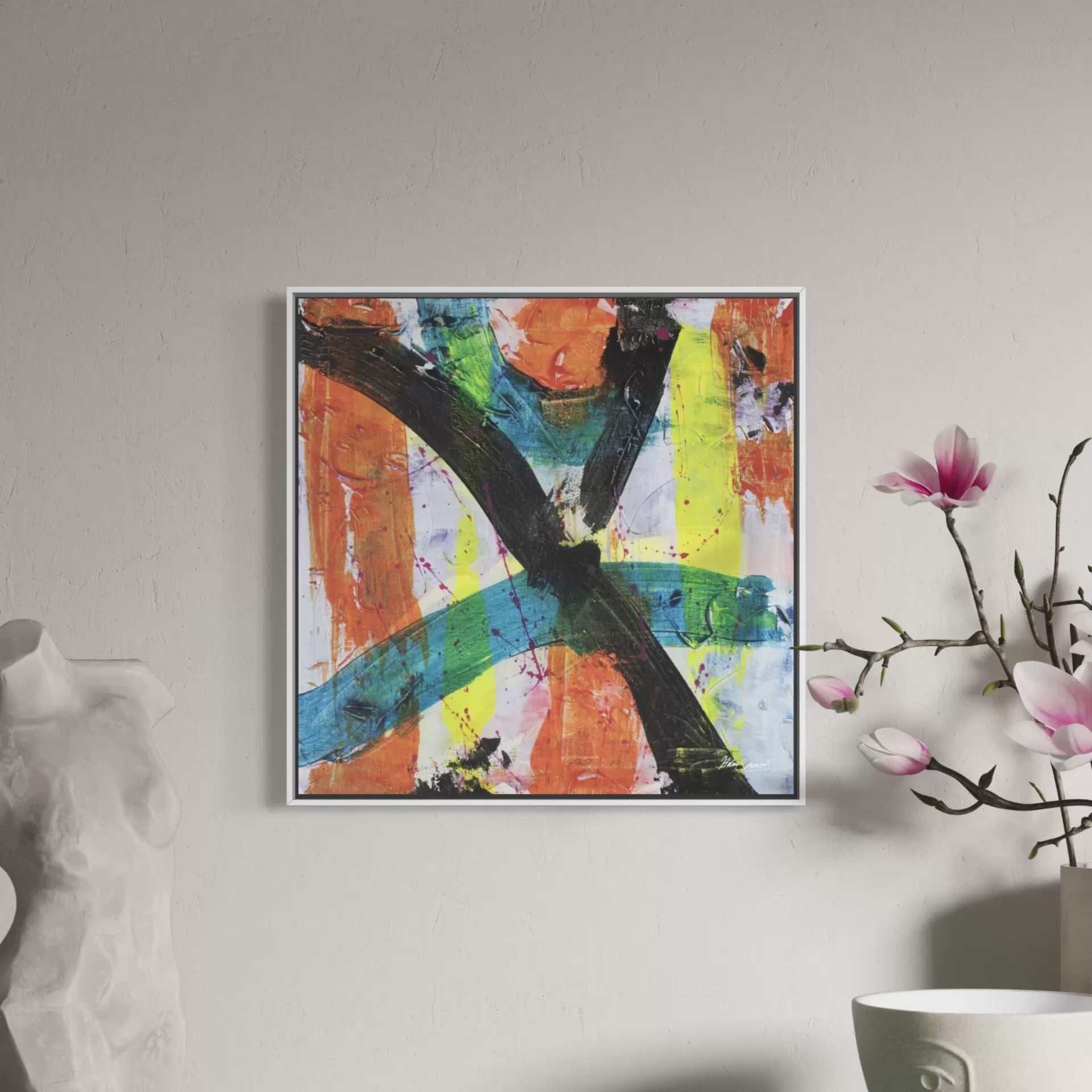 a short video displaying a white framed abstract canvas original