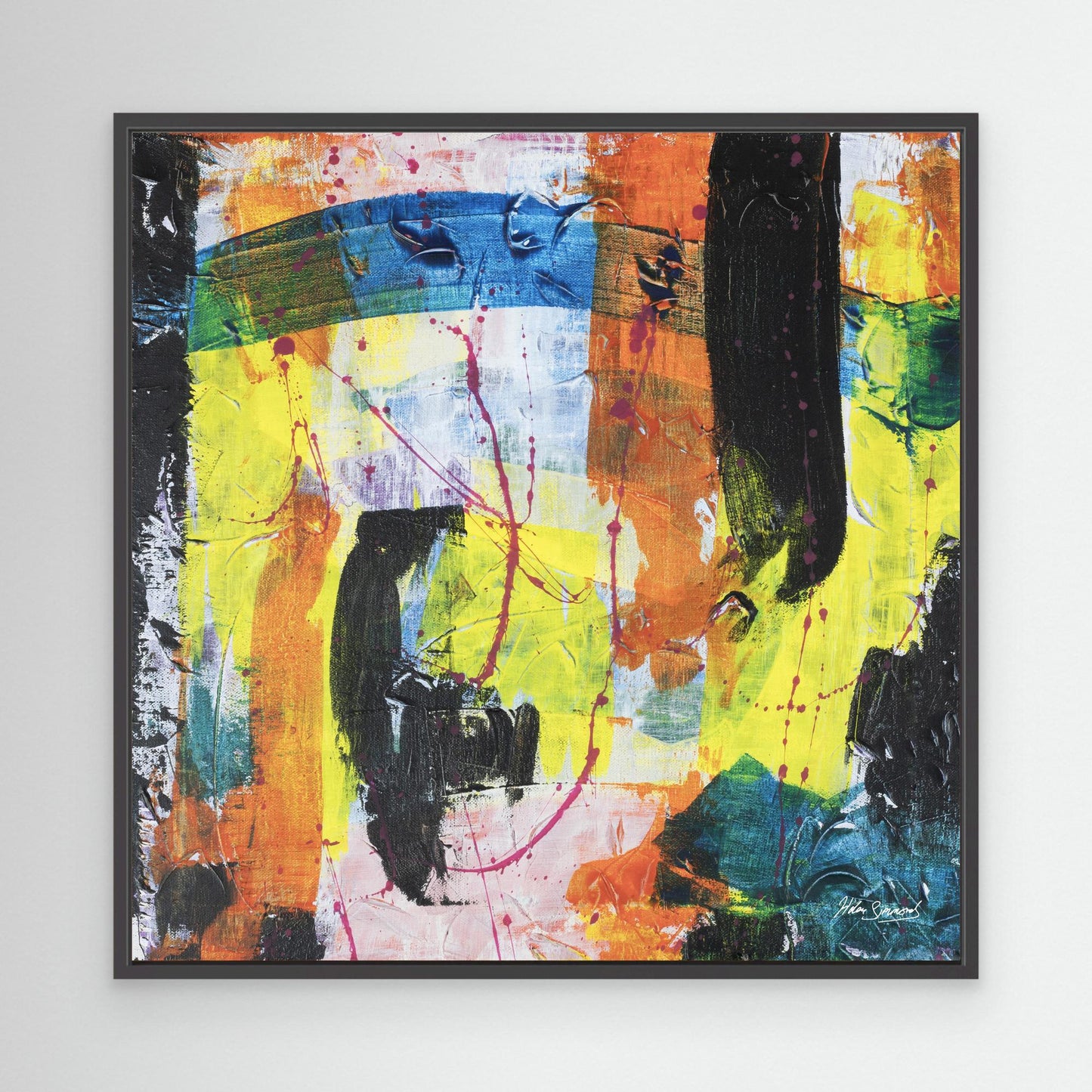 multi-coloured black framed abstract canvas wall art print mockup